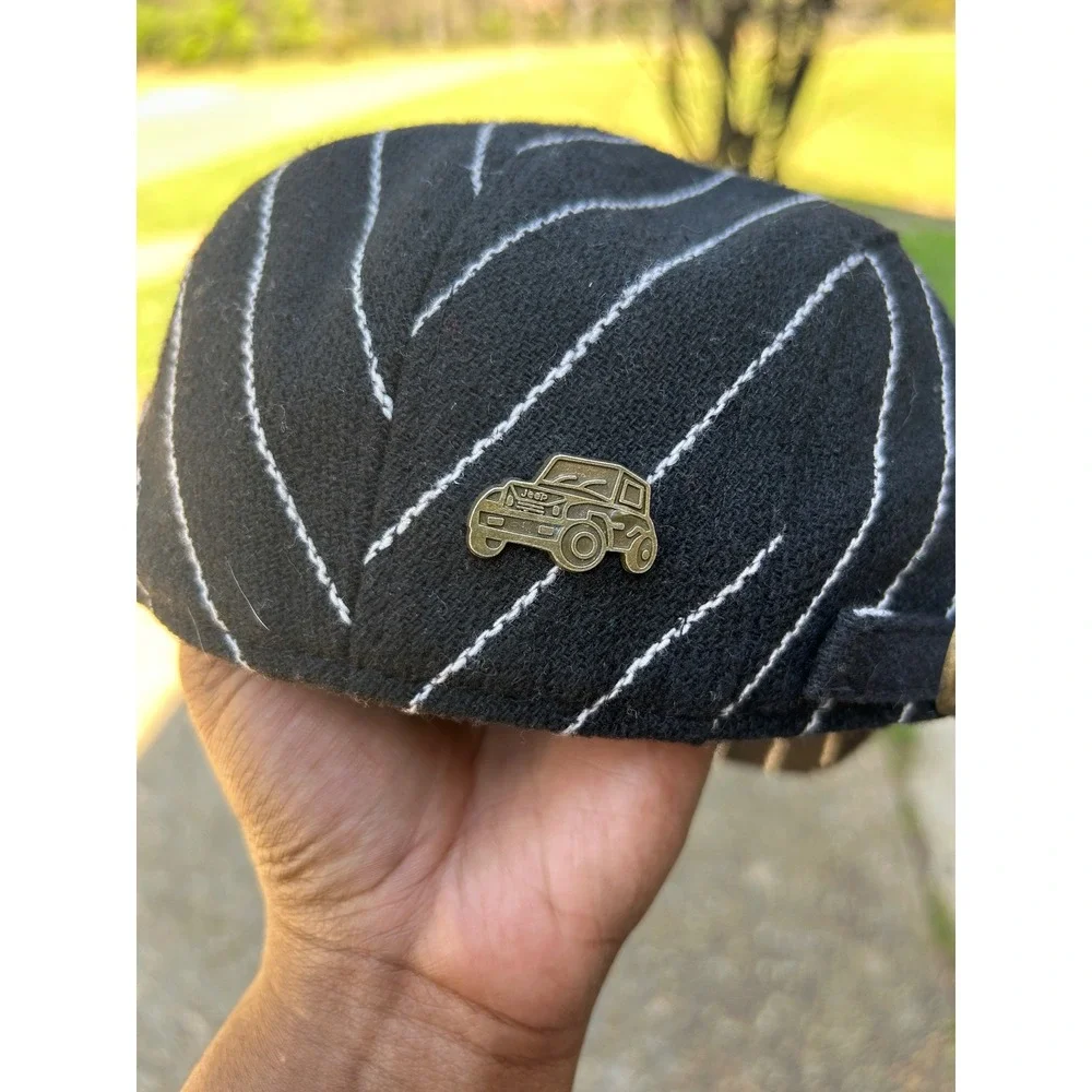 Children's Spring Hat‎ Striped Beret Duckbill Cap OSFM Black White Jeep Pin